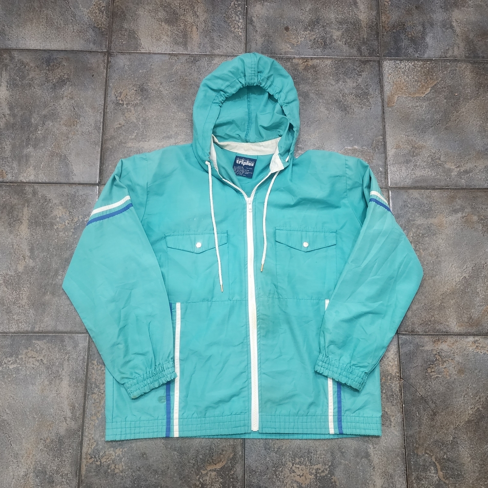 Vintage 80s Triples Men's Medium Full Zip Striped Windbreaker Rain Jacket